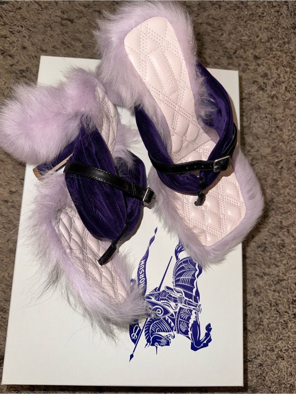 Burberry Lavender Fur and Light Pink Quilted Slide Sandals with Black Straps